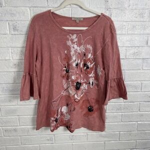 Jess & Jane Floral Graphic Top Womens Size M Bell Sleeve Artsy Pink Boho